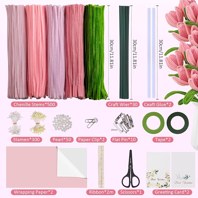500 Pcs Pipe Cleaners Craft Kit for Flower Making, Complete DIY Bouquet Set with Chenille Stems, Craft Wire, Stamen, Tape, Ribbon & More, Perfect for Arts, Handmade Gifts & Decorations