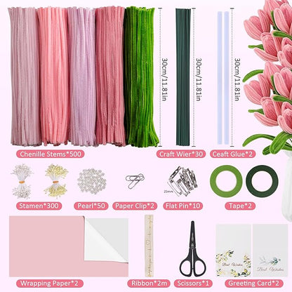 500 Pcs Pipe Cleaners Craft Kit for Flower Making, Complete DIY Bouquet Set with Chenille Stems, Craft Wire, Stamen, Tape, Ribbon & More, Perfect for Arts, Handmade Gifts & Decorations