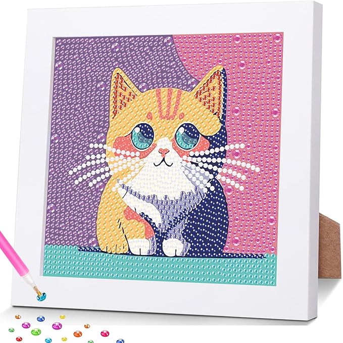 hkejoi Cat Diamond Painting Kits with Frame, Cat Diamond Art Kits, Cat Gem Art Kit, Crystal Art for Gift Home Wall Decor 7x7 Inch