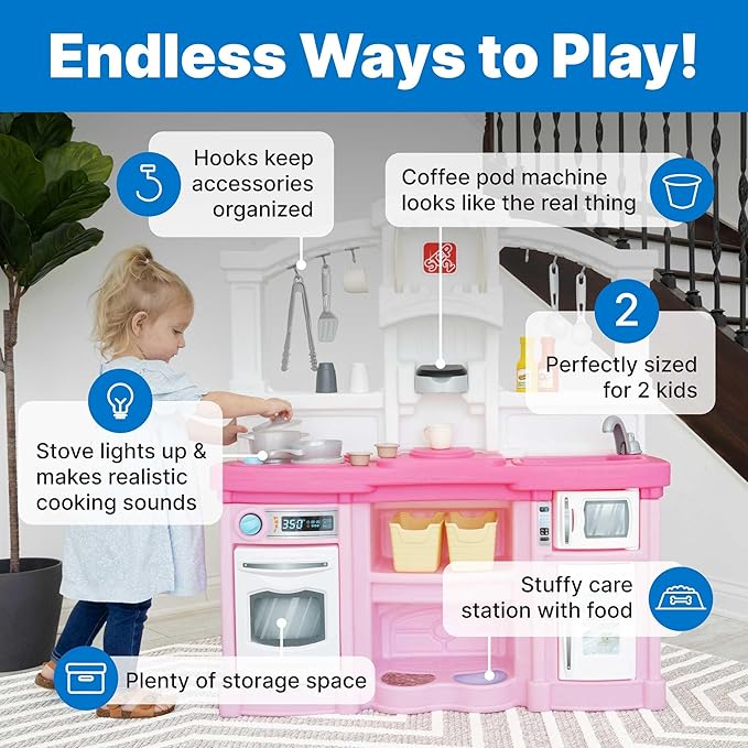Step2 Fun with Friends Kids Kitchen Playset, Indoor/Outdoor Kitchenette, Interactive Play with Lights and Sounds, Durable Plastic, Includes 25 Piece Toy Accessories, Toddlers 2+ Years Old, Pink