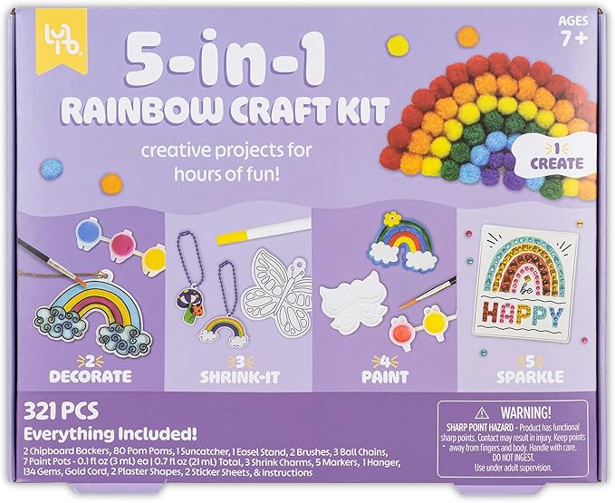 5-in-1 Rainbow Craft Kit - Multi-Project Colorful-Themed DIY Craft Set, All-in-1, Create-Build-Paint-Discover-Scratch, Kids 7+