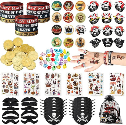 144 Pcs Pirate Party Favors Supplies Include Pirate Bracelet Nautical Tattoo Button Pin Eye Patch Gold Coin Gem Ring Mustache Organza Bag for Kids Boy Pirate Birthday Party Goodie Bag Fillers