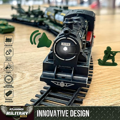 USA Electric Express Train Set for Kids Ages 4-8 - Military Toy Polar Train Model with Helicopter, Tank, Soldiers & Tracks - Around The Tree Fun Birthday Gift for Boys Ages 2-4