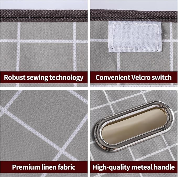 STOREONE Fabric Storage Cube Bins Foldable Organizer Container Collapsible Basket with Lids and Metal Handles, for Home, Bedroom, Closet 6 Pcs (Grey grid)