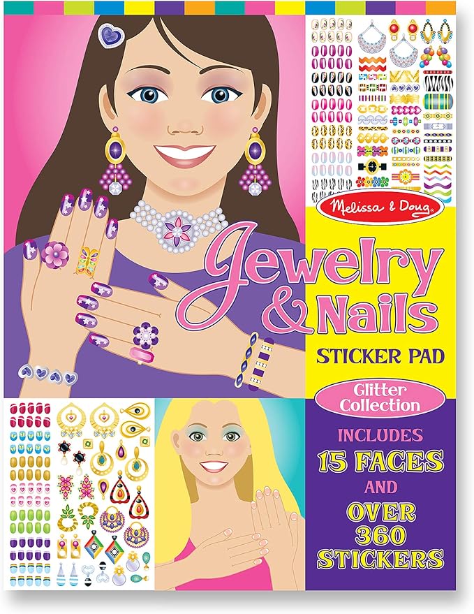 Melissa & Doug Jewelry and Nails Glitter Sticker Pad - 360+ Stickers, 15 Faces
