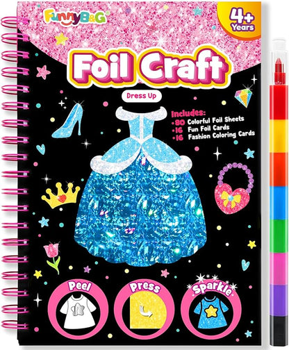 Foil Art Craft Activity for Kids: Fun DIY Toy Sticker Kit, No Mess Creative Travel Supply Set, Idea Birthday Easter Basket Stuffers Valentines Gift for Girl Boy Toddler 4 5 6 7 8 9 Year Old (Dress Up)