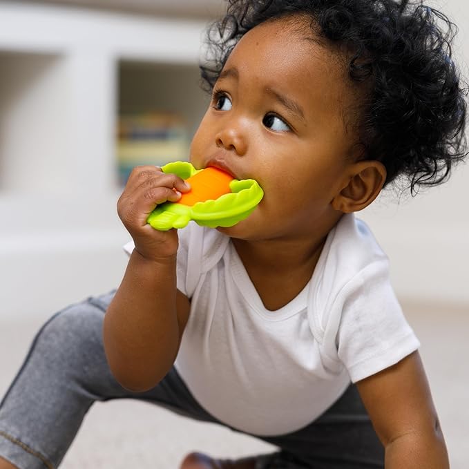 Infantino Lil' Nibbles Textured Silicone Baby Teether - Sensory Exploration and Teething Relief with Easy to Hold Handles, Orange Carrot, 0+ Months