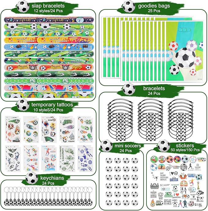 295 Pieces Soccer Party Favors Supplies Set Bulk Mini Soccer Ball Soccer Slap Bracelet Tattoo Sticker Keychain Adjustable Bracelet Goodie Bag Fillers for Sports Soccer Party Gifts Bags (Soccer)