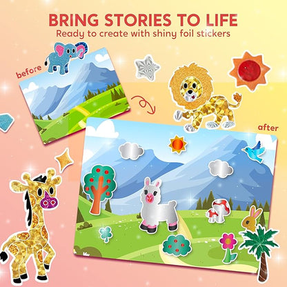 Klever Kits Foil Art Kit for Kids - Arts & Crafts Supplies, Mess Free Coloring, Animal Foil Foam Stickers, Creative Travel Toys, Birthday Gifts for Boys & Girls Ages 4 and Up