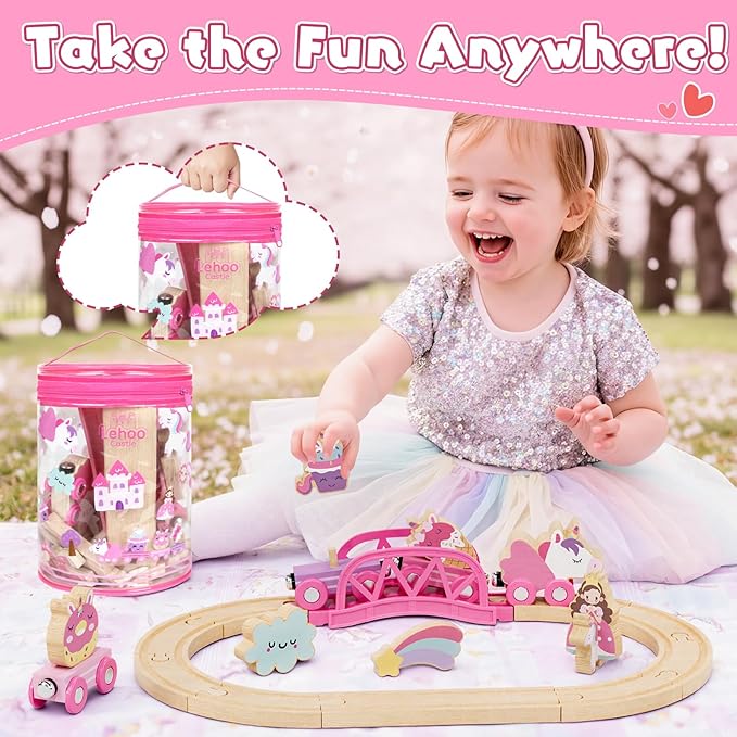 Lehoo Castle Wooden Train Set for Girls, Unicorn Train Set for Toddlers 2-4, Wooden Train Track with Storage Bag, Pink Train Fantasy Toys for 3 Year Old Girl Christmas Birthday Gifts