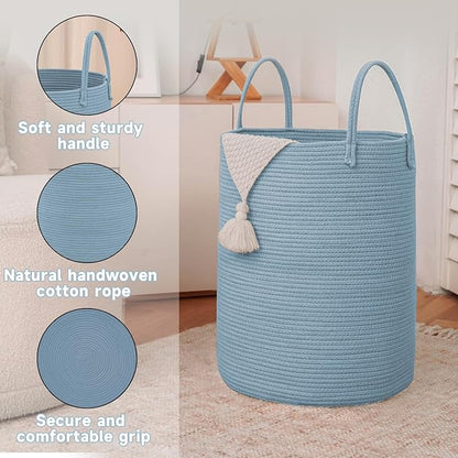 JMvicyroam Large Woven Laundry Basket Hamper,100L Cotton Rope Storage Bin for Blankets,Toys and Clothes,Decorative Tall Nursery Hamper for Living Room,Baby Nursery,Bathroom and Bedroom,Blue