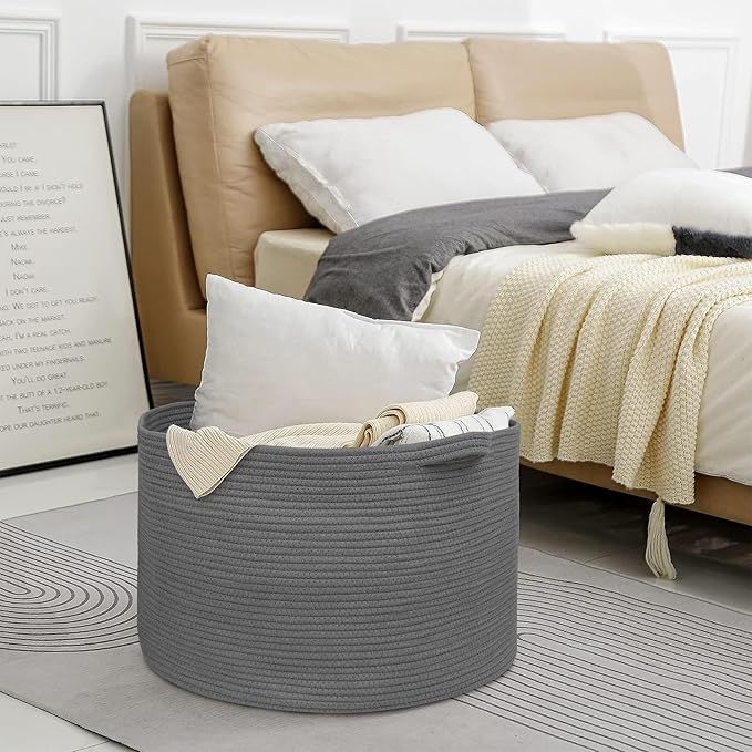 MEGASKET Large Dark Grey Storage Basket, Woven Cotton Rope Baskets for Storage, Big Blanket Organizer Storage Basket for Living Room, Kids Room Toy Storage Organizer Box, Blanket Keeper (22"x14")