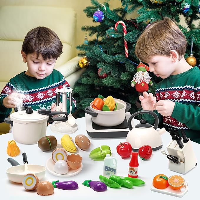 CUTE STONE Pretend Play Kitchen Toy with Cookware Steam Pressure Pot and Electronic Induction Cooktop, Cooking Utensils, Toy Cutlery, Cut Play Food, Shopping Basket Learning Toy for Girls Boys