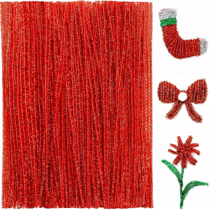Praisebank Glitter Pipe Cleaners - 200pcs, 12 Inch Long, Red Glitter, Christmas