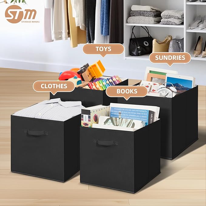 STORAGE MANIAC Storage Cubes, 13 Inch Collapsible Storage Bins with Handles, 8 Pack Fabric Foldable Bins for Organization, Durable Storage Bins for Closet, Shelves, Offices, Toys, 8-Pack Black