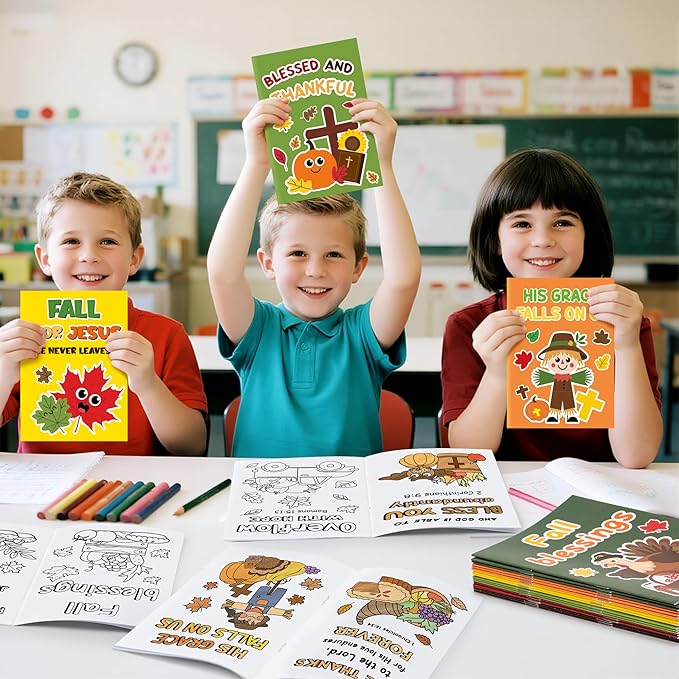 Dvbonike 24Pcs Fall Bible Coloring Books - Christian Religious DIY Color-in Pages Booklet Bulk Drawing Thanksgiving Autumn Activity Party Supplies for School Classroom Rewards Artwork Gift for Kids