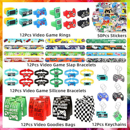 110 Pcs Video Game Party Favors, Gamer party Favors - 12 sets of Gaming Birthday Goodie Bags Included Gift Bags, Game Keychain, Slap Bracelet, Stickers, Ring, Hand Strap for Gaming Kids