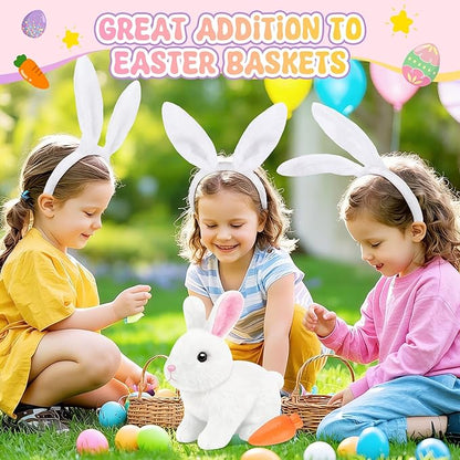 Realistic Bunny for Kids - Interactive Hopping Bunny Toy Set with Bunny Ears, Electric Lifelike Robot Rabbit that Move, Walking Barking and Wagging Tail Bunby Stuffed Animal with Sounds,White
