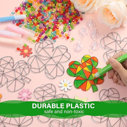 Qyeahkj 32 Sets St. Patrick's Day Suncatcher Crafts Kit for Kids DIY Shamrock Window Paint Suncatcher Arts Crafts Window Ornament Decor for St. Patrick's Day Gift Classroom Art Project Gift Favor