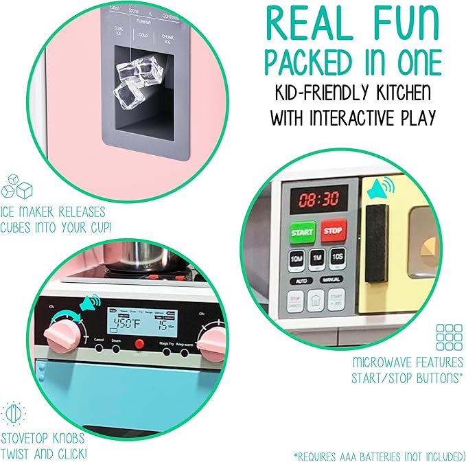 Lil’ Jumbl Kids Colorful Kitchen Set, Pretend Wooden Play Kitchen, Battery Operated Icemaker, Microwave, Range Hood, Stove Top, Oven, with Realistic Sound & Lights, Pots, Pan, & Utensils Included