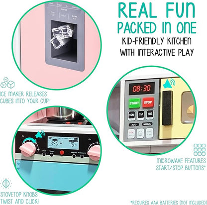 Lil’ Jumbl Kids Colorful Kitchen Set, Pretend Wooden Play Kitchen, Battery Operated Icemaker, Microwave, Range Hood, Stove Top, Oven, with Realistic Sound & Lights, Pots, Pan, & Utensils Included