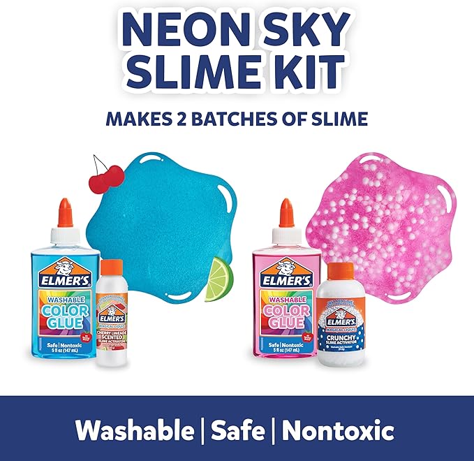 Elmer’s Neon Sky Slime Kit, Slime Supplies Include Transparent Color Liquid Glue, Crunchy Slime Activator, Cherry Limeade Slime Activator, 4 Count