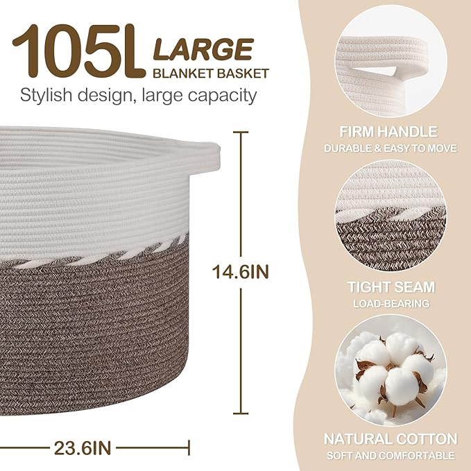 OIAHOMY 105L Blanket Basket for Living Room, Large Basket 23.6" x 23.6" x 14.6" with Handle, Laundry Hamper for Blankets, Pillows, Toy Storage for Kids, Dogs - Brown & White