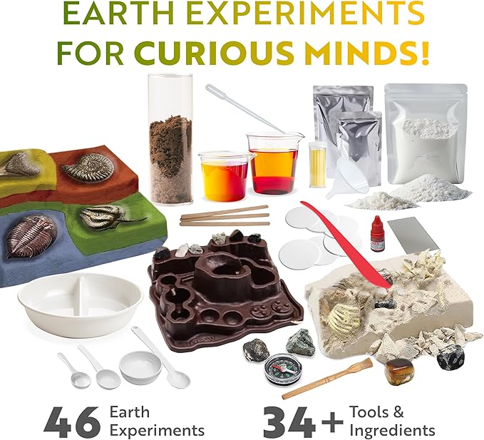 Playz Dinosaur Fossil Digging Kit for Kids, Gemstone Dig Kit & Volcano Science Kit - 46+ Fun Geographic Experiments, STEM Dinosaur Toys Excavation Kit for Kids Ages 8-12+ Years Old, Boys & Girls