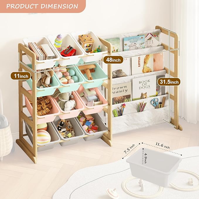 EXPERLAM Toy Storage Organizer with Bookshelf - 12 Storage Bins 4-Tier Multipurpose Shelf to Organize Toys and Books for Kids Room, Playroom, Nursery Room, Multi-Color