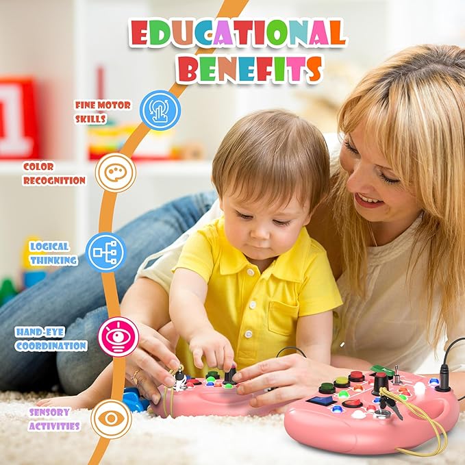 Montessori Busy Board with LED Light for Toddlers 2-4 Year Old, Sensory Toys with Sounds & Switches, Car Driving Travel Toys for Kids, Preschool Busy Book Boy and Girls Birthday Gifts (Pink)