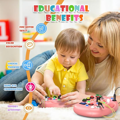 Montessori Busy Board with LED Light for Toddlers 2-4 Year Old, Sensory Toys with Sounds & Switches, Car Driving Travel Toys for Kids, Preschool Busy Book Boy and Girls Birthday Gifts (Pink)