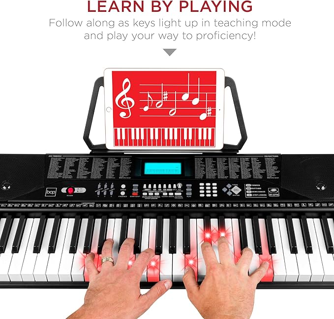 Best Choice Products 61-Key Beginners Complete Electronic Keyboard Piano Set w/Lighted Keys, LCD Screen, Headphones, Stand, Bench, Teaching Modes, Note Stickers, Built-In Speakers - Black