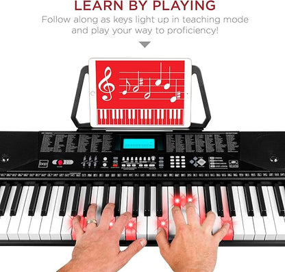 Best Choice Products 61-Key Beginners Complete Electronic Keyboard Piano Set w/Lighted Keys, LCD Screen, Headphones, Stand, Bench, Teaching Modes, Note Stickers, Built-In Speakers - Black