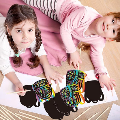 B1ykin School Bag Scratch Cards Gift - Back to School Magic Bag Scratch Paper Art Kit for Kids, DIY First Day of School Scratch Off Hanging Card Party Favors for Classroom Activity Art Project