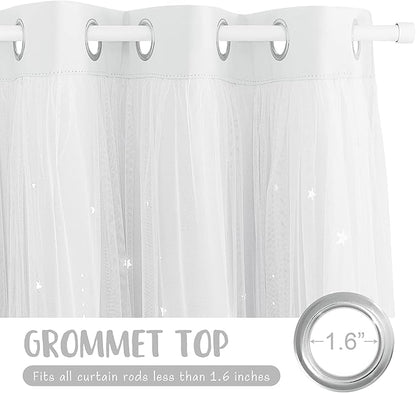 NICETOWN Double Layered Stars and Moon Cut Out Blackout and Sheer Window Curtain Panel for Girls Bedroom, Grommet Window Treatment Drapes for Christmas Decor, 2 Panels, 52W x 63L, Greyish White