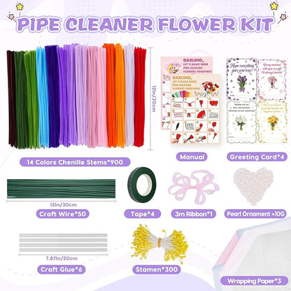 900 PCS Pipe Cleaners Craft, Pipe Cleaner Bulk Flower Kit 14 Colors Chenille Stems Flower Making Kit with Greeting Card, Floral Wires, Tape, Stamen, Floral Wrapping Paper & Ribbon for Art DIY Flowers