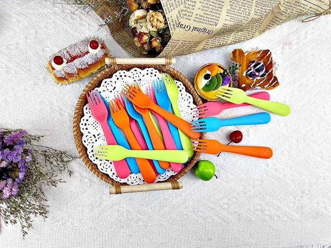 Jawbush 16Pcs Plastic Kids Forks, Reusable Toddler Utensils with Bright Colors, Durable Silversware Set for Lunch Box Camping or Travel, Easy Grips Both for Kids or Adults, BPA Free Dishwasher Safe