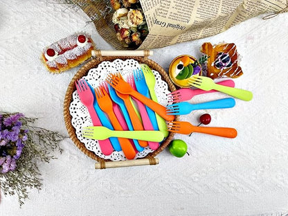 Jawbush 16Pcs Plastic Kids Forks, Reusable Toddler Utensils with Bright Colors, Durable Silversware Set for Lunch Box Camping or Travel, Easy Grips Both for Kids or Adults, BPA Free Dishwasher Safe