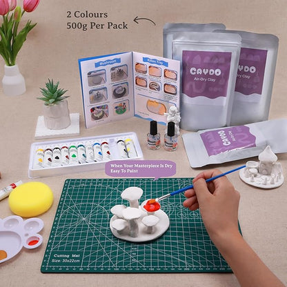 Caydo Air Dry Clay Pottery Kit for Beginners and Adults - 4.4 Lbs Air Dry Clay DIY Craft Set with Tools, Acrylic Paints, Varnish, Clay Stick, Paintbrushes and Step-by-Step Guide - Ideal Pottery Gift