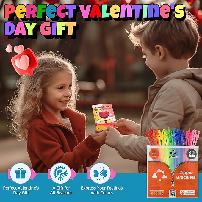 UpBrands 30 Valentine's Day Cards for Kids School & Fidget Zipper Bracelets Party Favors Toys, Bulk Valentine's Day Gifts for Kids, Classroom Exchange Gifts & Student Incentives