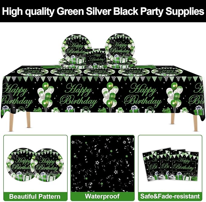 Green Happy Birthday Party Supplies Green Silver Black Party Tableware Includes Confetti Sprinkles Plates Napkins Fork and Green Birthday Tablecloth for Birthday Parties Decorations Set Serve 20