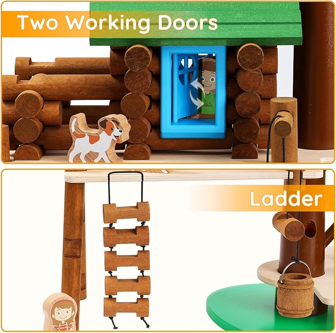 SainSmart Jr. 2-Tier Wooden Tree House Building Set – Educational Gift for Kids, Creative STEM Toy with Cabins and Interchangeable Leaves, STEM Retro Classic Toy Compatible with Lincoln Logs