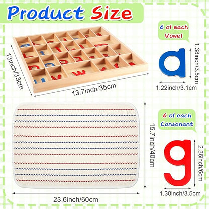 Montessori Letters Movable Wood Alphabet with Box and Large Mat Small Wooden Alphabet Letters Montessori Trays Preschool Spelling Learning Language Materials Objects, Red, Blue