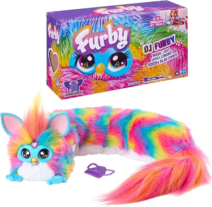 FURBY DJ Interactive Toy, Super Snuggly Rainbow Electronic Plush with Music, Lights, Motion, & Games, Speaks English & Furbish, 32in Long, Ages 6+