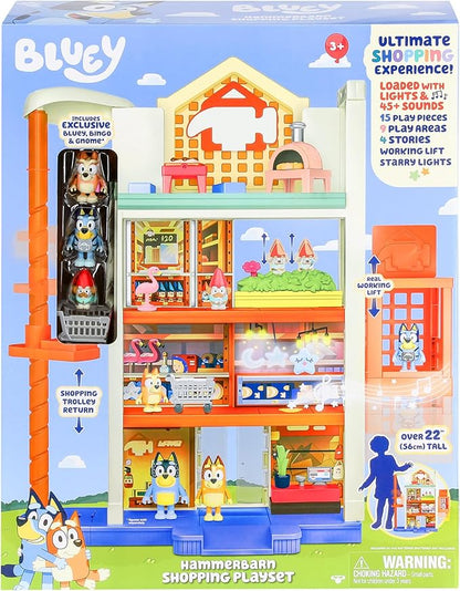 Bluey Hammerbarn Shopping Playset, 4 Level, 22" Tall Playset with Working Lift and Trolley Return, Including Lights and 45+ Sounds