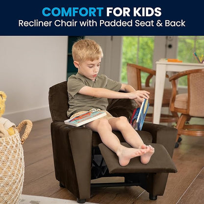 Flash Furniture Chandler Microfiber Kids Recliner with Cup Holder and Safety Recline, Contemporary Reclining Chair for Kids, Supports up to 90 lbs., Brown