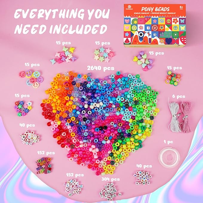 Dowsabel 6 Boxes 120 Colors Pony Beads Bracelet Making Kit, Beads for Jeweley Making with Letter Beads Kandi Beads, DIY Arts and Crafts Birthday Gifts Toys for Kids Age 6-13