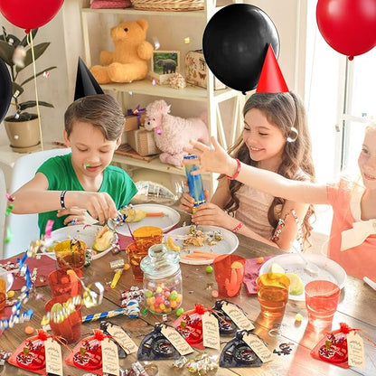 84 Pcs Ninja Party Favors Include 12 Stretchy Flying Ninjas, 24 Mini Ninja Figurines, 12 Ninja Silicone Wristbands, 12 Ninja Keychains, 12 Red and Black Organza Bags and 12 Gift Tags for Birthday