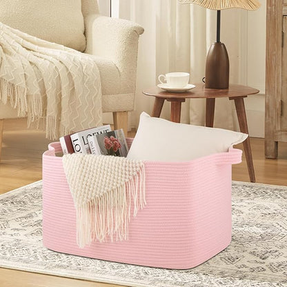 OIASKET 95L Extra Large Blanket Basket, 24" x 16.9" x 14.2" Woven Storage Basket for Living Room, Rectangle Nursery Blanket Storage for Toys, Towels, Dirty Clothes (Pink)
