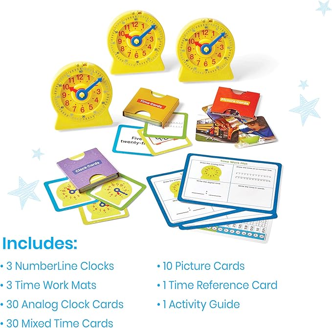 hand2mind Telling Time Basics Center Kit, NumberLine Learn to Tell Time Activity Set, Telling Time Teaching Clock Activities, Analog Classroom Clock for Kids, Math Manipulatives for Elementary School